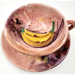 Peasant Village Pottery Hand Painted Cups and Saucers Floral Banana Vintage